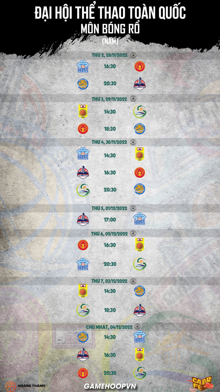 LỊCH THI ĐẤU CHÍNH THỨC BÓNG RỔ ĐẠI HỘI THỂ THAO TOÀN QUỐC 2022